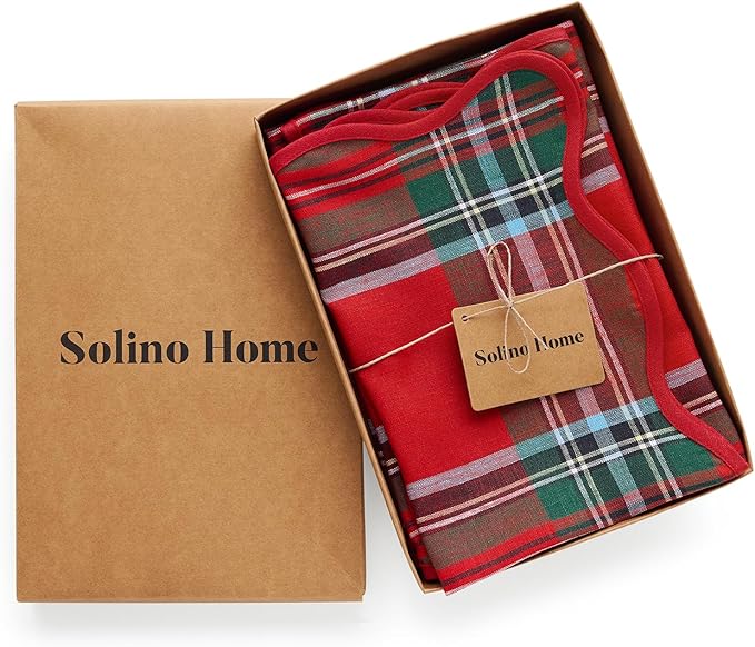 Solino Home Scallop Linen Napkins Set of 4-100% Pure Linen Red Madras Holiday Plaid Dinner Napkins Cloth 20 x 20 Inch for Christmas - Giselle Scallop Edge, Handcrafted and Machine Washable