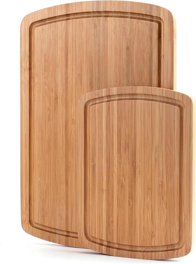 Bamboo Cutting Board Set of 2 - Double-Sided Cutting Board with Juice Groove for Kitchen, Bamboo Serving Board Chopping Board for Meat, Vegetables and Cheese