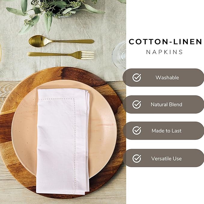 Ramanta Home White Cloth Dinner Napkin Set of 4-20x20 Inch, Premium Cotton Linen Flax Hemstitched Napkins, Soft Durable Washable for Everyday Use Thanksgiving Christmas Parties Halloween