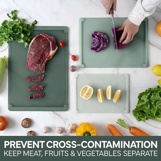 COOK WITH COLOR Extra Large Cutting Board Set, Jumbo-Sized Boards with Rubber Border for Enhanced Cooking Experience, 3-Piece, Dark Sage