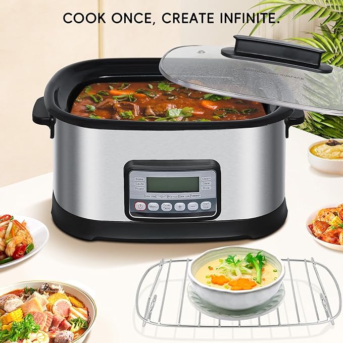 6.5 Quart Multi Cooker 11-in-1, Programmable Slow Cooker With Bake, Sauté, Roast, and Sous Vide functions, 1500W Timer & Temperature Control, Dishwasher Safe Lid & Nonstick Inner Pot