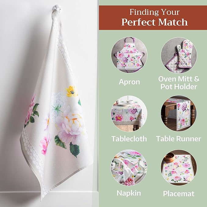 Maison d' Hermine Kitchen Towels Set of 3 100% Cotton 27.50" x 20" Reusable Cloth Tea Dish Towels Absorbent with Hanging Loop for Kitchen, Home, Dining, Cocktail Parties Spring/Summer (Pivoine)