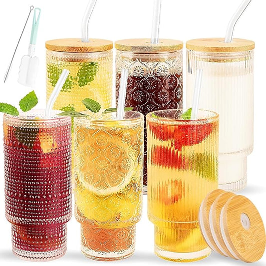 Glass Cups Set with Straw/Bamboo Lid,12 oz Stackable Serving Drinking Glasses, Ideal for Whiskey/Cocktails/Juice/Coffee/Beer, Dishwasher Safe,3 Patterns of Vintage Glassware Sets.(6 Pcs)