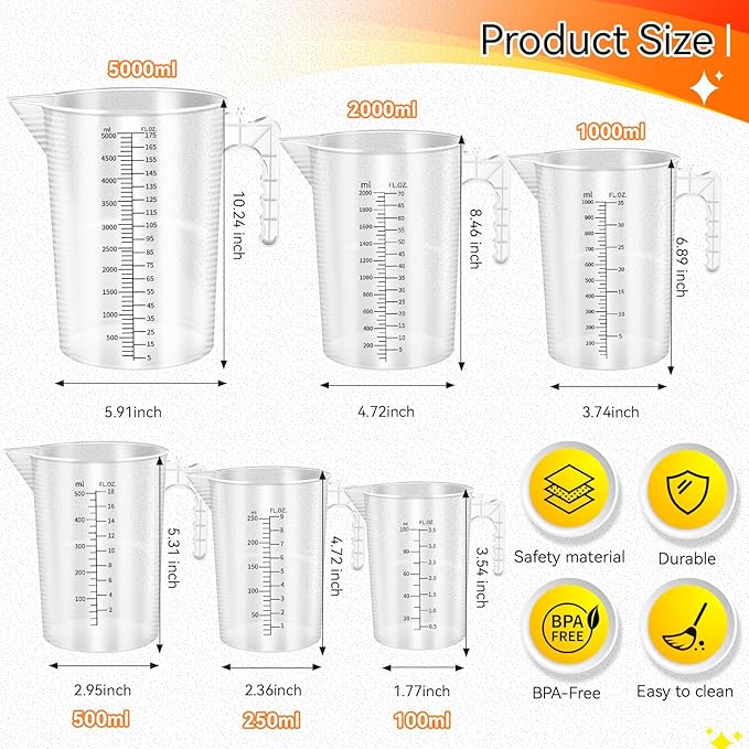 Xuhal 6 Pieces Plastic Measuring Pitcher Measurment Cup 6 Sizes Mixing Pitcher Gauge Bottle Measure Containers Jug with Handle and Spout for Water, Flour, Rice, Coffee, Wine, Milk, Sugar