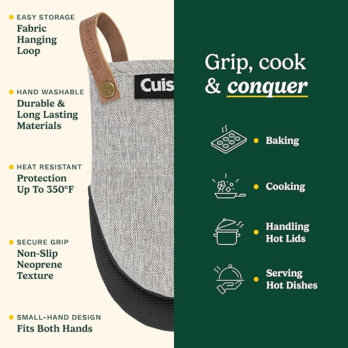 Cuisinart Heritage Mini Oven Mitts – 5.5” x 7” Heat-Resistant Kitchen Mitts for Oven with Non-Slip Neoprene Palm, Cotton Filling, and Faux Leather Loop – Durable Oven Mitt Set for Cooking & Baking