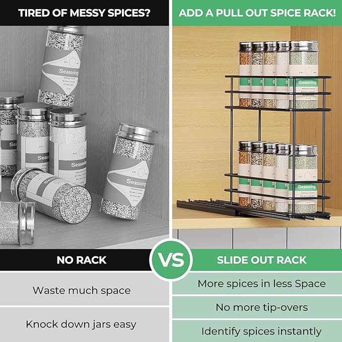 Pull Out Spice Rack Organizer for Cabinet, Slide Out Spice Racks, Easy to Install Spice Cabinet Organizer, 2.1''Wx10.35''Dx8.26''H, 1 Drawers 2 Tiers（Black）