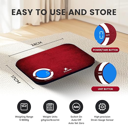 EILISON Smart Digital Food Kitchen Scale with Nutritional Calculator, On-Screen Nutrient Info, Free App for Calorie & Macro Tracking, Personal Goals, for Weight Loss and Keto, 5g-8kg Capacity (Red)