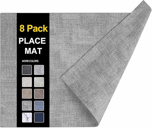 homing Faux Leather Heat Resistant Placemats 8 Packs, Waterproof Wipeable Dining PU Place Mats for Indoor & Outdoor, Easy to Clean, Light Grey