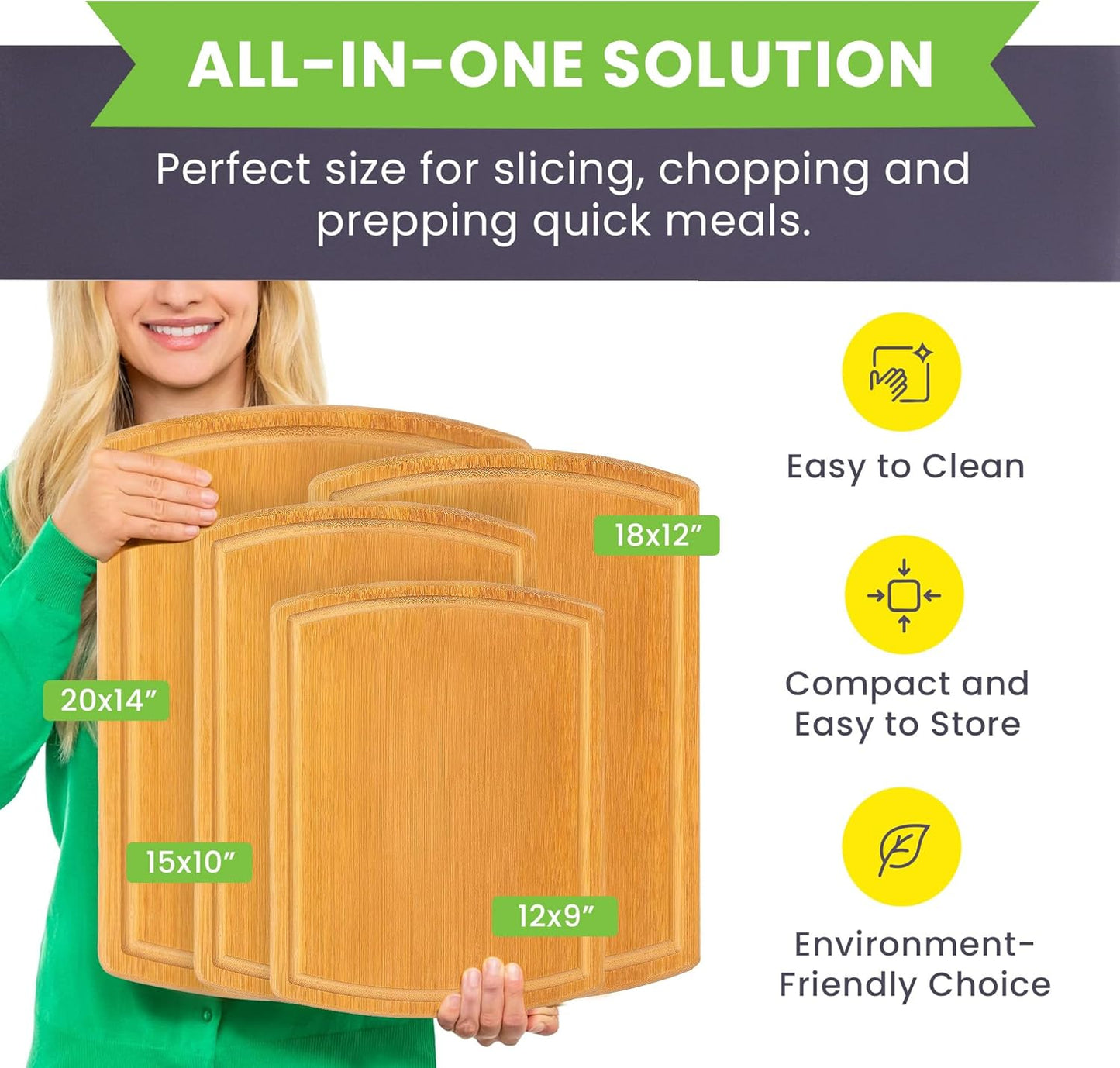 Extra Large Bamboo Cutting Board Set of 4 – Wood Cutting Boards for Kitchen with Glue-Free Surface™ & Juice Groove – Non-Toxic Wooden Chopping Boards, FSC-Certified, Durable Carving Boards