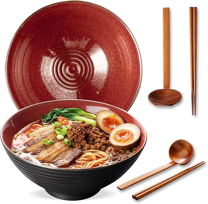8 Inch Ceramic Ramen Bowl Set of 2, 40oz Japanese Bowls with Spoons & Chopsticks,Durable,Microwave & Dishwasher Safe,Perfect for Ramen,Pho,Salad,Soup,Noodles，Mixing bowls（Carnelian）