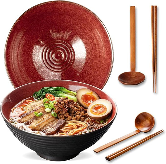 8 Inch Ceramic Ramen Bowl Set of 2, 40oz Japanese Bowls with Spoons & Chopsticks,Durable,Microwave & Dishwasher Safe,Perfect for Ramen,Pho,Salad,Soup,Noodles，Mixing bowls（Carnelian）
