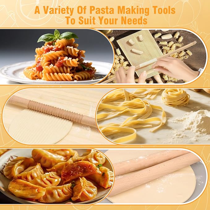 7 pcs Wood Gnocchi Pasta Making Tools Kit with Threaded Pasta Roller Pin Set,Gnocchi Board,Ravioli Stamps and Pasta Cutter.Noodle and Dumplings Maker, For Pasta Maker And Kitchen DIY Gift