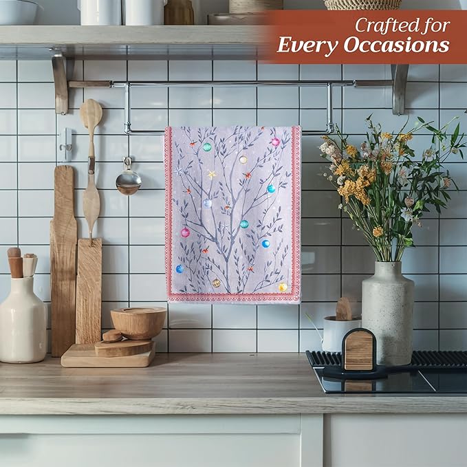 Maison d' Hermine Kitchen Towels Set of 3 100% Cotton 20" x 27.5" Reusable Cloth Tea Dish Towels Absorbent with Hanging Loop for Kitchen Dining Thanksgiving Christmas Decorations (Fairy Christmas)