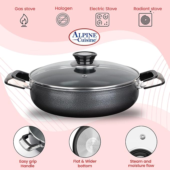 Alpine Cuisine 3.2 Quart Non-stick Caldero Stock Pot with Tempered Glass Lid and Carrying Handles, Multi-Purpose Cookware Aluminum Low Pot Dutch Oven for Braising, Boiling, Stewing