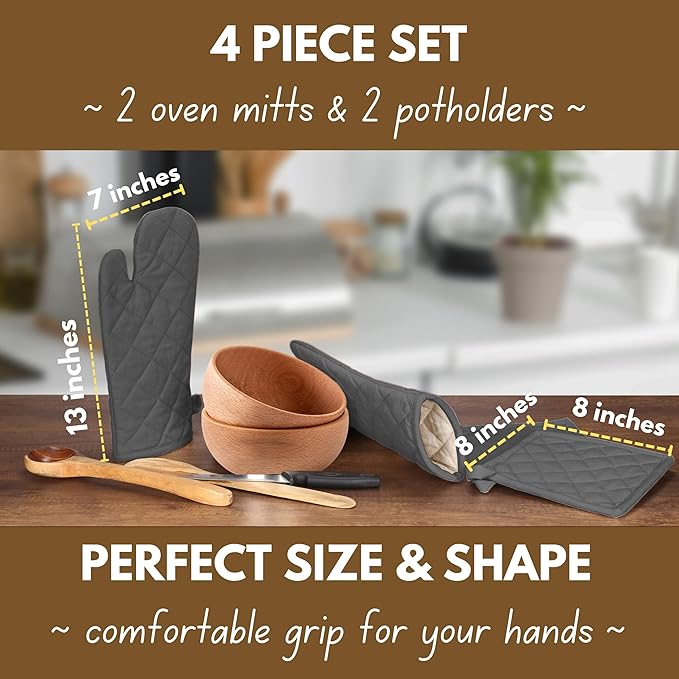 Native Fab Farmhouse Oven Mitts and Pot Holders Set of 4, Heat Resistant Non-Slip Machine Washable, 100% Cotton Kitchen Pot Holders Oven Mitts Sets Grey