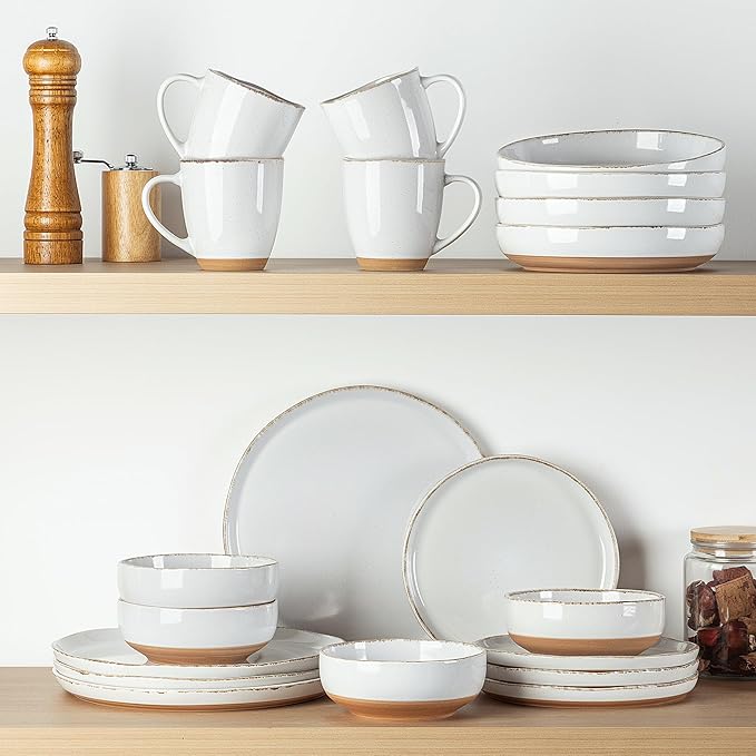 AmorArc Ceramic Dinnerware Sets with Pasta Bowls for 4, Handpainted Plates and Bowls Set with Rustic Terracotta Underside, Scratch Resistant Dishes Set, Dishwasher & Microwave Safe, 16 Pcs-White