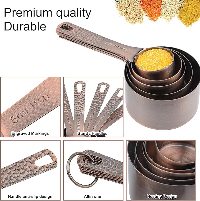 Stainless Steel Copper Plated 6 Piece Nesting Measuring Cup Set - 5 Copper Measuring Cups, 1 Ring