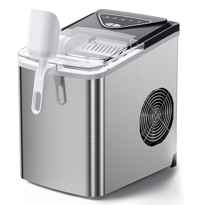 Silonn Countertop Ice Maker, 9 Ice Cubes in 6 Mins, 26 Lbs in 24 Hrs, Compact Ice Machine with Ice Basket & Scoop, 2 Ice Sizes Self-Cleaning Ice Maker for Home/Party/Office, Stainless Steel