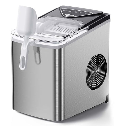 Silonn Countertop Ice Maker, 9 Ice Cubes in 6 Mins, 26 Lbs in 24 Hrs, Compact Ice Machine with Ice Basket & Scoop, 2 Ice Sizes Self-Cleaning Ice Maker for Home/Party/Office, Stainless Steel