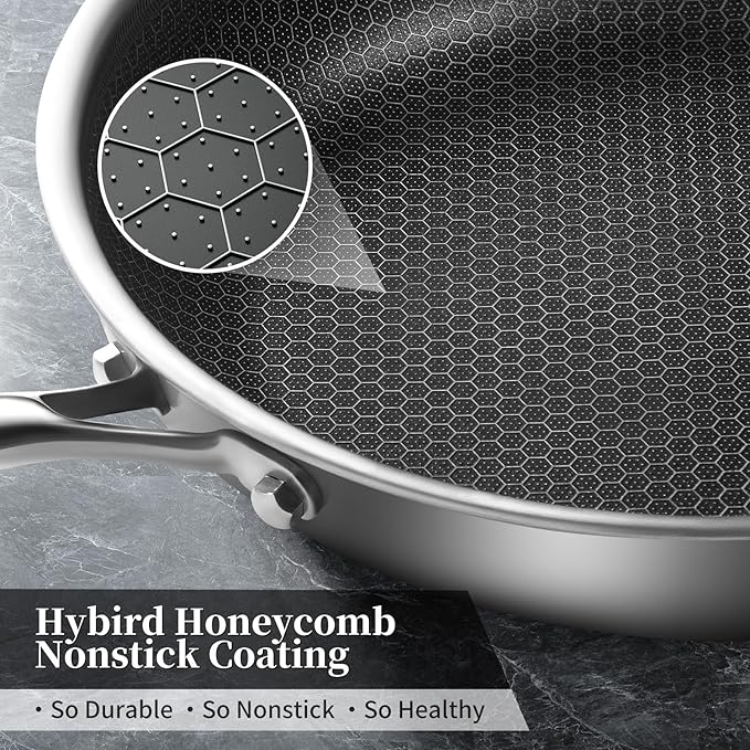 Innerwell Tri-Ply Stainless Steel Frying Pan Set with Lid,9.5Inch 11Inch Nonstick Honeycomb Stainless Steel Cooking Pan Set of 2 Skillet Works Pan for Cooking with Induction Gas Stovetops