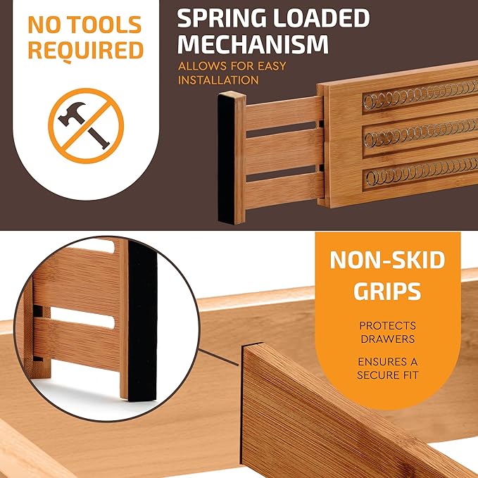 6 Pack Drawer Dividers 6 Inch High, 11”-17" Adjustable Bamboo Organizers Large Expandable Drawer Separators for Cloths, Dresser, Bedroom, Bathroom, Baby Drawer, Office & Kitchen Utensils (Natural)