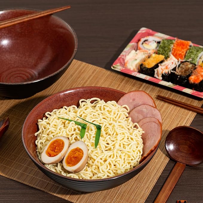 8 Inch Ceramic Ramen Bowl Set of 2, 40oz Japanese Bowls with Spoons & Chopsticks,Durable,Microwave & Dishwasher Safe,Perfect for Ramen,Pho,Salad,Soup,Noodles，Mixing bowls（Carnelian）