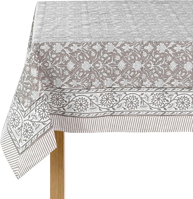 Ridhi Taupe Hand Block Print Cotton Rectangle Tablecloth 118 x 70 inch-Reusable Table Cover Decorative Everyday Use for Dining Room, Farmhouse, Thanksgiving, Christmas Wedding, Fall