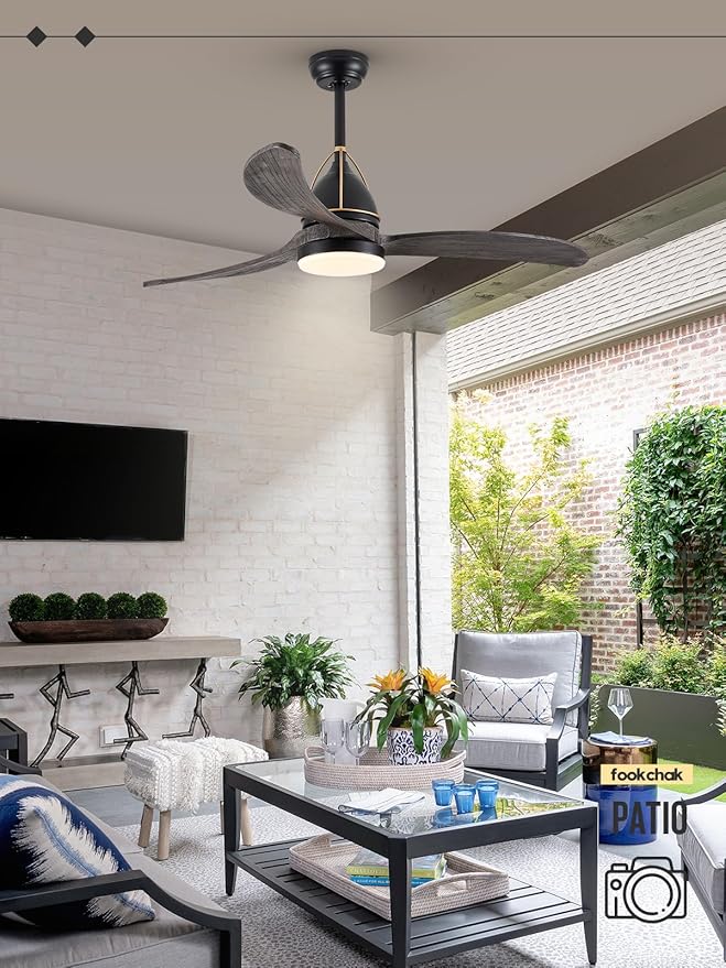 52in Solid Grey Wood Ceiling Fan with Lights 3-Blade Farmhoouse Black Ceiling Fans Outdoor Patio Ceiling Fan Modern Kitchen Fan Light with Remote Control for Bedroom Living Room