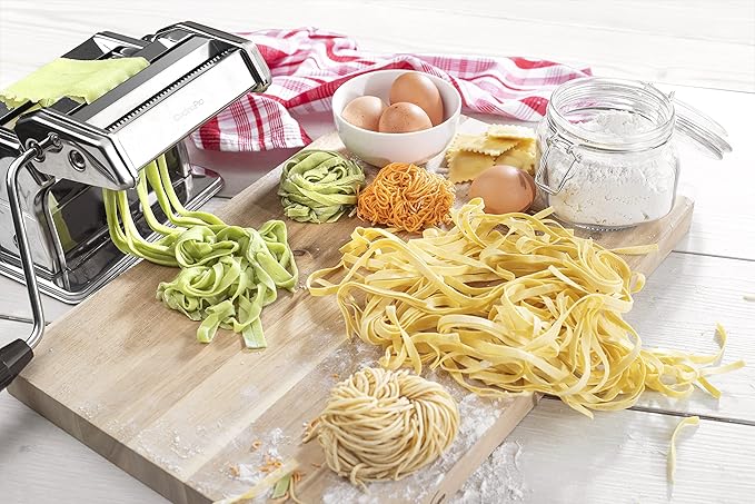 Pasta Maker Deluxe Holiday Set- Stainless Steel Machine w 3 Interchangeable Attachments- Make 5 Different Pastas- Spaghetti Fettuccini Angel Hair Noodle Ravioli Lasagnette- Durable Cutters, Xmas Gift