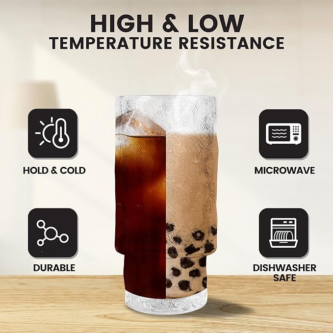 4 Pcs 11 oz Drinking Glasses Cups Set with Bamboo Lids Straws Brush Small Drinking Glassware Set for Juice Iced Coffee Cocktail Whiskey(Hobnail*4)