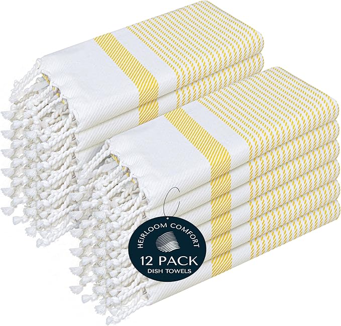 12 Pack Lemon Yellow Turkish Kitchen Towels 16"x26", 100% Cotton, Ultra Absorbent, Soft, Quick Dry, Washable, Dish Tea Towel with Tassels for Drying Dishes, Cleaning, Kitchen Use