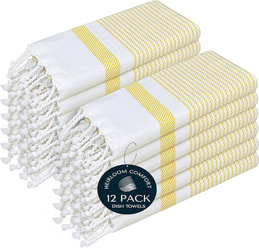 12 Pack Lemon Yellow Turkish Kitchen Towels 16"x26", 100% Cotton, Ultra Absorbent, Soft, Quick Dry, Washable, Dish Tea Towel with Tassels for Drying Dishes, Cleaning, Kitchen Use