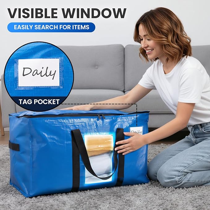 TAILI Extra Large Moving Bags, 4 Pack Blue Heavy Duty Totes For Storage with Visible Window, Wrap Around Handles, Storage Bags for Space Saving, Alternative to Moving Boxes
