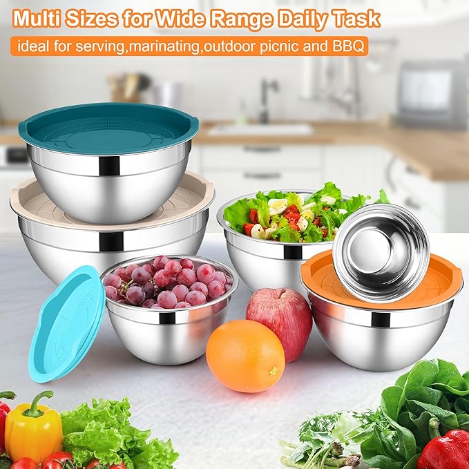 LIANYU Mixing Bowls with Lids Set of 6, Large 7 & 3.5 & 2.5 & 2 & 1.5 & 1QT Stainless Steel Serving Bowls, Kitchen Metal Nesting Bowl for Cooking, Food Storage, Dishwasher & Freezer Safe, Multi-Color