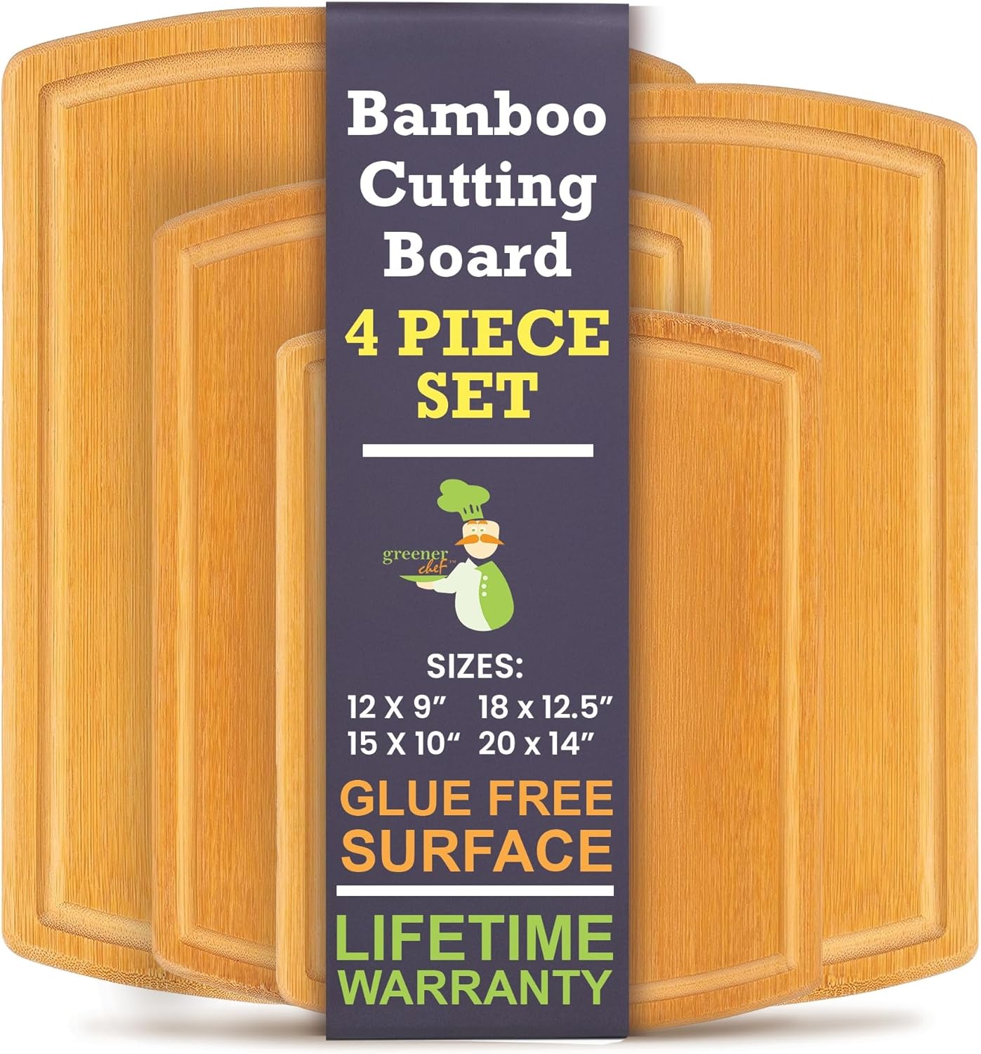 Extra Large Bamboo Cutting Board Set of 4 – Wood Cutting Boards for Kitchen with Glue-Free Surface™ & Juice Groove – Non-Toxic Wooden Chopping Boards, FSC-Certified, Durable Carving Boards