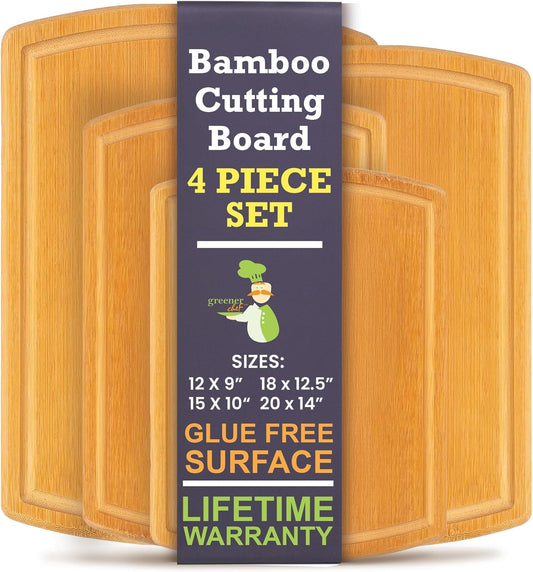 Extra Large Bamboo Cutting Board Set of 4 – Wood Cutting Boards for Kitchen with Glue-Free Surface™ & Juice Groove – Non-Toxic Wooden Chopping Boards, FSC-Certified, Durable Carving Boards