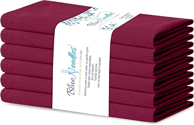 Blue Needles Solid Cloth Napkins Set of 6 Burgundy 100% Cotton Dinner Napkins 18x18 inches - Soft, Reusable, Absorbent & Washable Fall Thanksgiving Linen, Ideal for Events, Parties & Everyday Use