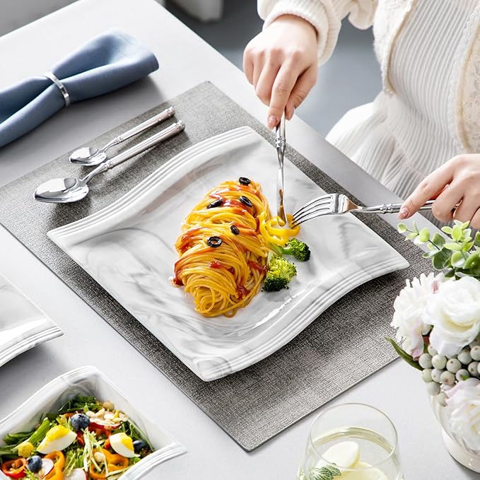 MALACASA Plates and Bowls Sets, 12 Pieces Modern Porcelain Dinnerware Sets for 4, Marble Dishware Set Kitchen Dining Ware Set, Square Ceramic Dish Set, Microwave and Dishwasher Safe, Series Flora