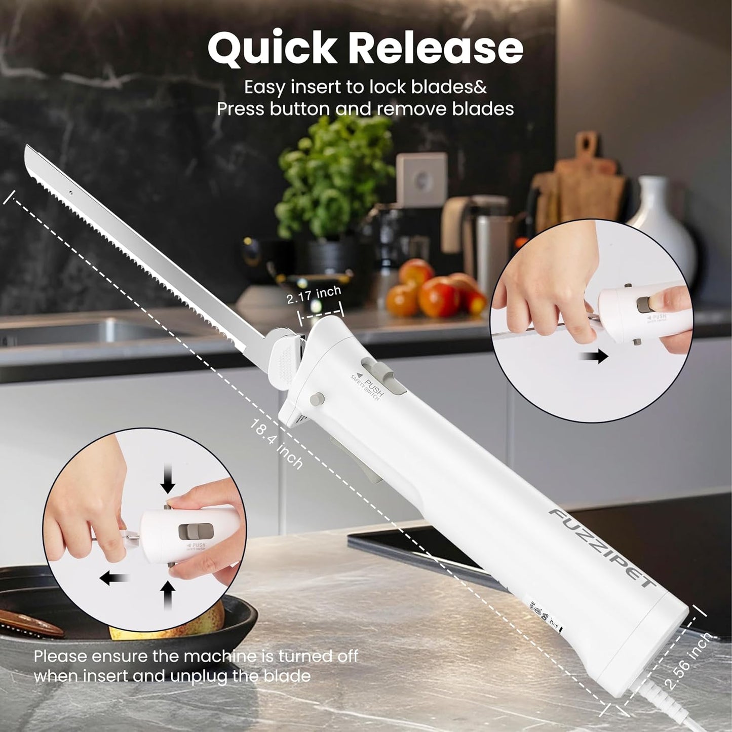 Electric Knife for Meat Slicing, Electric Bread Knife with 4 Stainless Steel Blades, Electric Carving Knife for Meats, Poultry, Bread, Cheese & More (White)