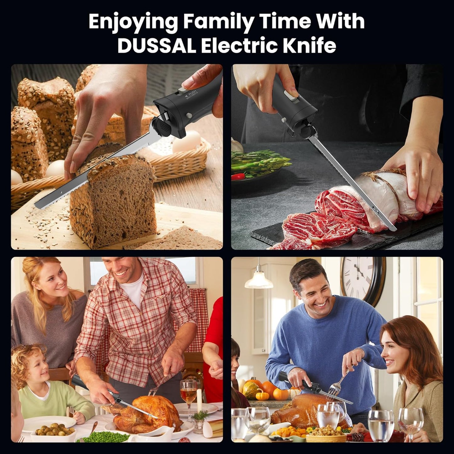 DUSSAL Cordless Electric Knife, Electric Bread Knife with 4 Stainless Steel Blades, Safety Lock Switch, Blade Release Buttons, On/Off button, Cutting Meats, Fish, Poultry, Bread, Cheese & More (Black)