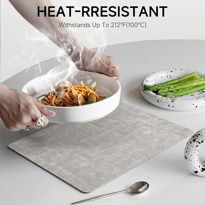 Faux Leather Vinyl Placemats Set of 6 Wipeable Heat Resistant Place Mats 100% Washable - Waterproof - Anti Slip Reversible Table Mats for Kitchen/Dining/Party/Outdoor, 12" x 16.5", Light Grey & Black