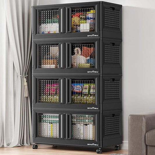 BROVIEW 400Qt Stackable Storage Bins with Lids, 100Gal Closet Organizers and Storage Drawer, Plastic Collapsible Storage Bins with Doors, Heavy Duty Store Box Cabinet for Home Kitchen, 4Pack Black