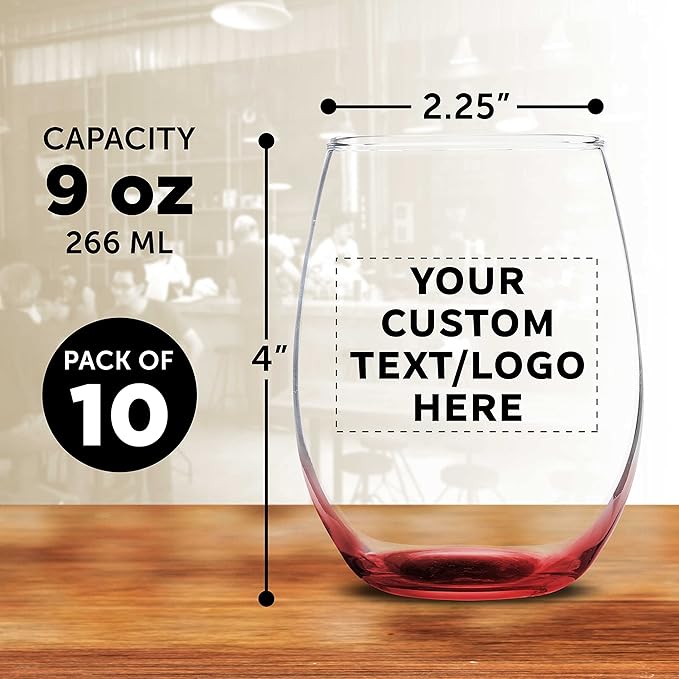 Custom Stemless Wine Glass 9 oz. Set of 10, Personalized Bulk Pack - Great for Wedding Favors, Bachelorette Party Decorations, Party Favors, Color Bottom - Red