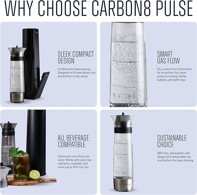 The Carbon8 Pulse Soda Maker Machine, Premium OmniFizz Sparkling Water Maker, Seltzer & More, Soda Stream Machine for Home, Water Carbonator, Fizz Infuser (CO2 Cylinder Not Included), Black
