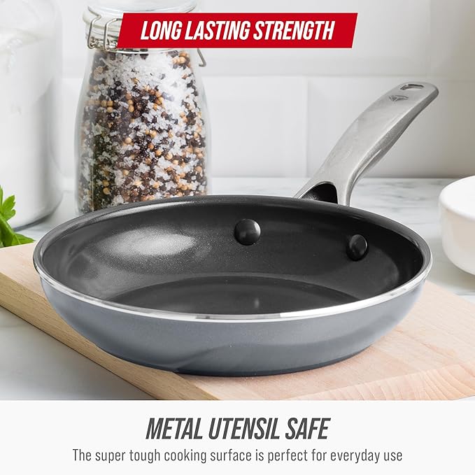 Blue Diamond Frying Pan 8” Skillet, Diamond Infused Healthy Ceramic Nonstick, PFAS and PFOA-Free, Dishwasher and Oven Safe, Even Heating, Metal Utensil Safe, Warp Control Base, Grey