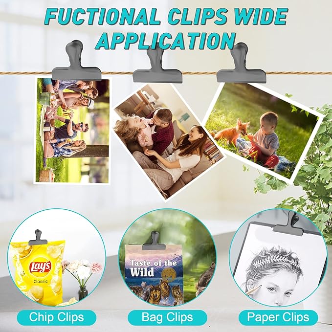 24 Pack 3 Inch Stainless Steel Black Chip Clips Bag Clips Large Clips for Food Packages,Food Clip Kitchen Clips for Snack,Home&Office Clips for Paper,Strong Metal Chip Snack Clips Heavy Duty