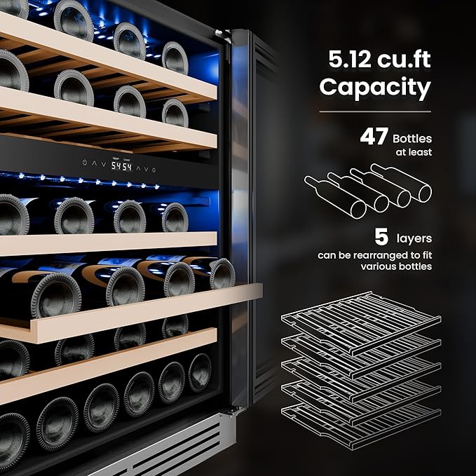 Yeego 24 Inch Wine Fridge Dual Zone, 47 Bottles Wine Cool Refrigerator with Glass Door, Built-in/Freestanding/Under Counter, Perfect for Home & Kitchen