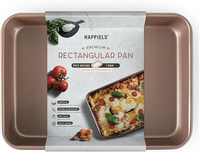 HAPPIELS Nonstick Non Toxic 9x13 in Baking Pan for oven | Cake Mold 9 x 13 Non Stick Nontoxic | Carbon Steel Gold Brownies Pans 13x9 inches | Rectangle Brownie Tray 9 by 13 inch | Baking Ware