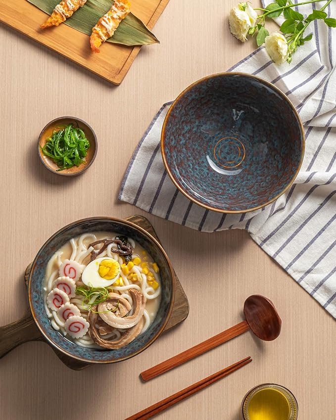 Large Japanese Ramen Bowl Set of 4, Material Safety Ceramic Ramen Bowls with Matching Chopsticks and Spoons, 8 Inch 40oz Pho Bowls Ramen Noodle Bowl for Asian Udon Soup Salad Cereal(Peacock Tail)