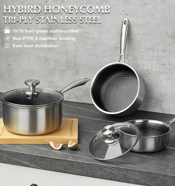 KOCH SYSTEME CS Hybrid Nonstick Stainless Steel Saucepan, 2 Quart Tri-Ply Stainless Steel Sauce Pan with Nonstick Honeycomb Interior, Hybrid Sauce Pan with Lid, Small Steel Pot, Induction Compatible